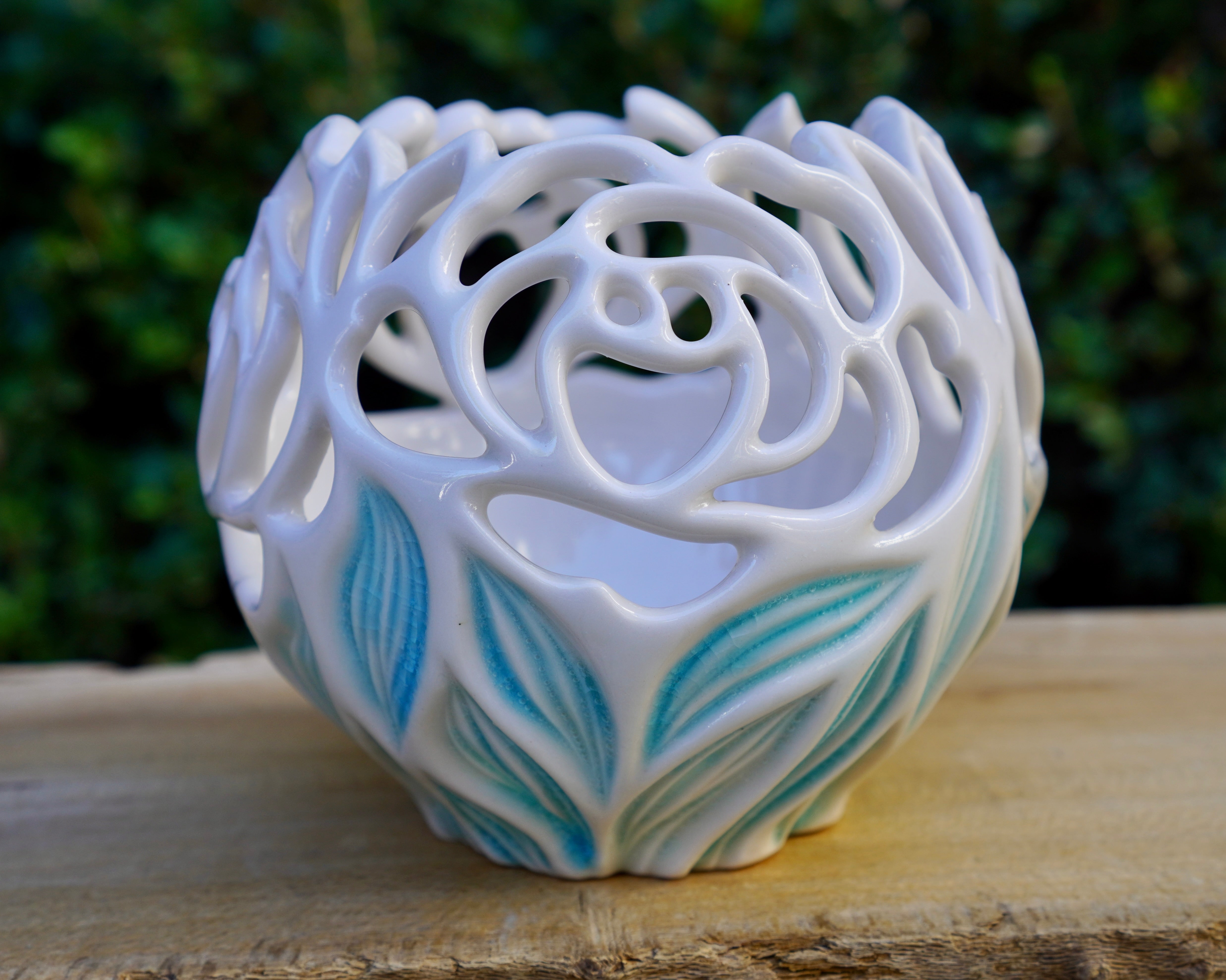001 Peony Luminary with Blue Leaves – Quigley Ceramics